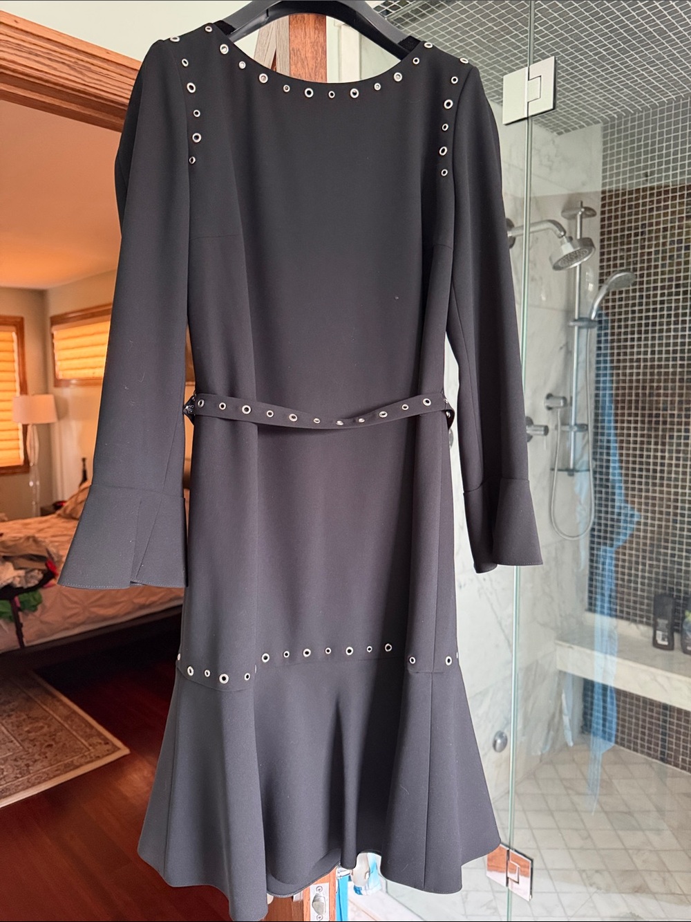 Hugo Boss Black Eyelet-Trim Long-Sleeve Midi Dress